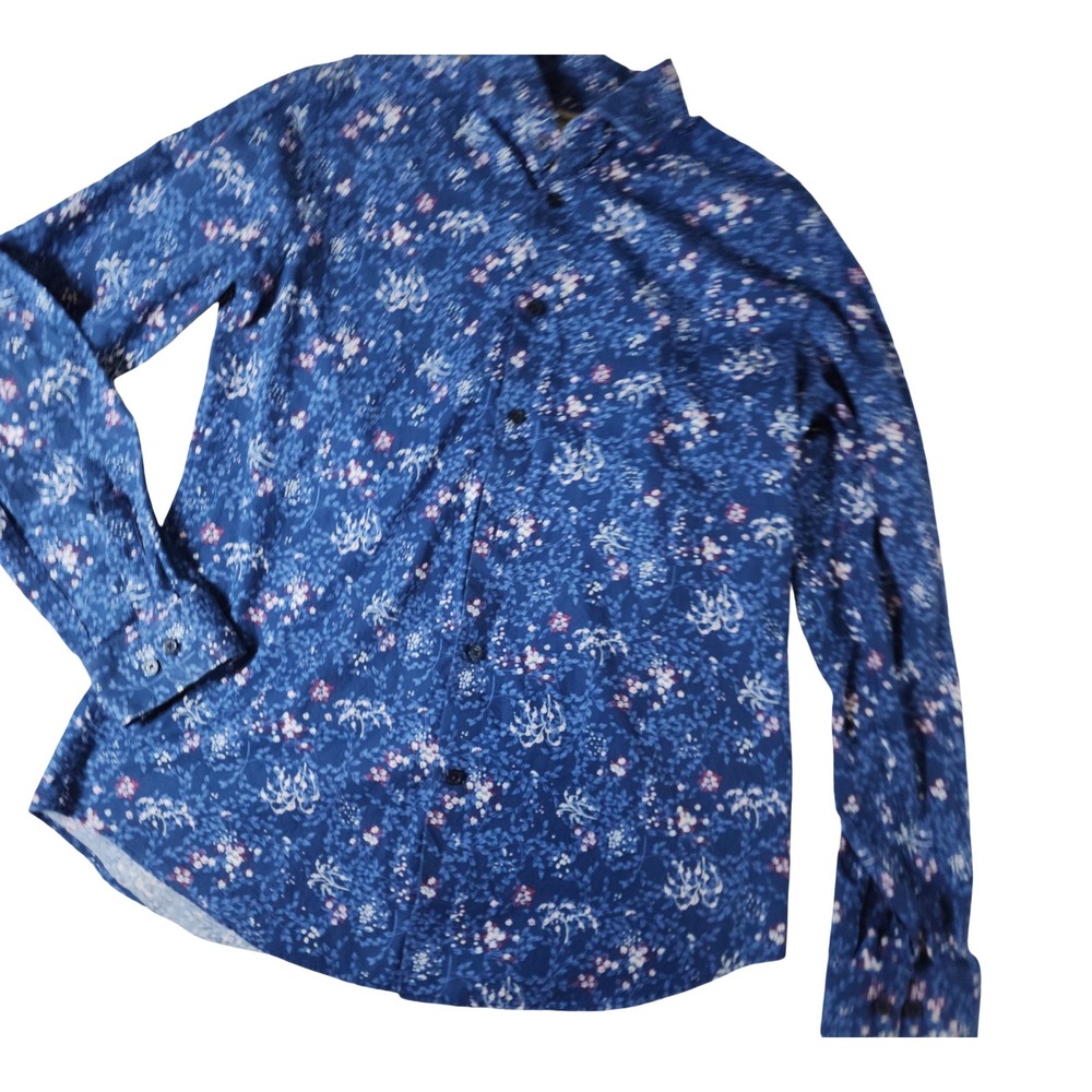 Express Slim Fit Mens Blue Floral Button Down Shirt Long Sleeve Cotton Size M
